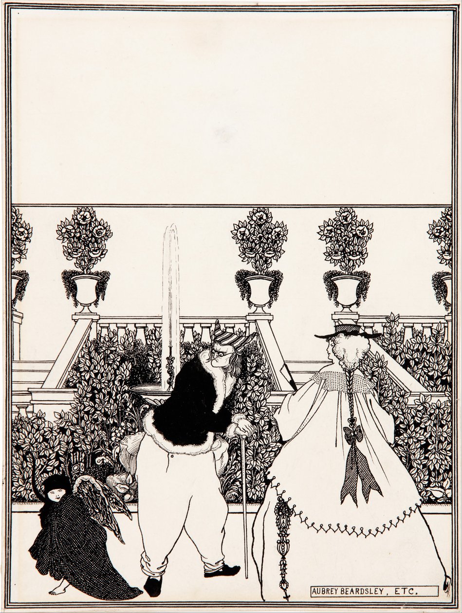 Wypędzenie Kupidyna z ogrodu, rysunek przygotowawczy do projektu okładki „The Savoy”, nr 3, lipiec 1896 autorstwa Aubrey Beardsley