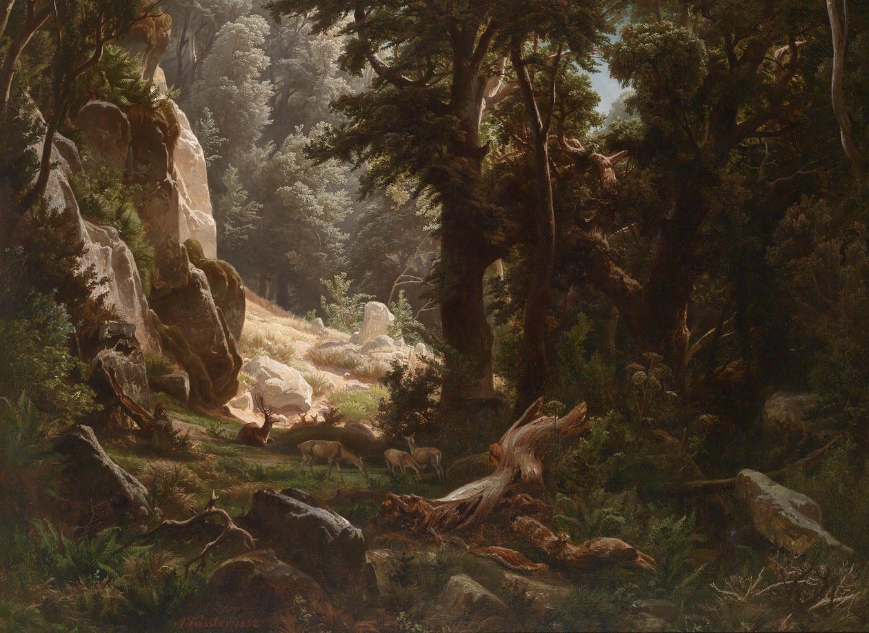 Jeleń we wnętrzu lasu autorstwa August Friedrich Kessler