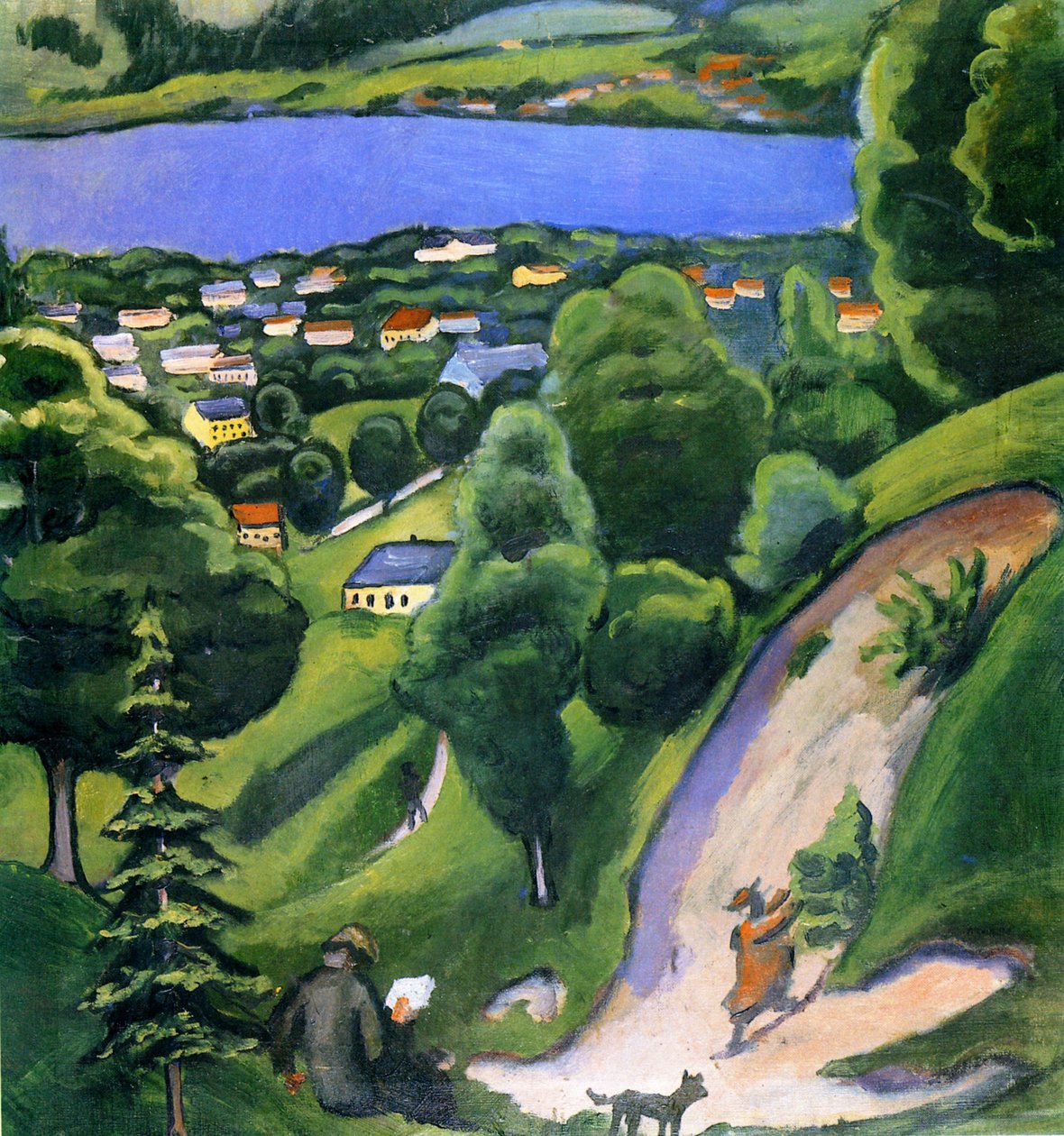 Krajobraz nad jeziorem Tegernsee z czytającym mężczyzną autorstwa August Macke