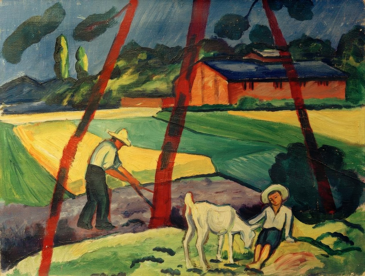 Krajobraz z rolnikiem, chłopcem i kozą autorstwa August Macke