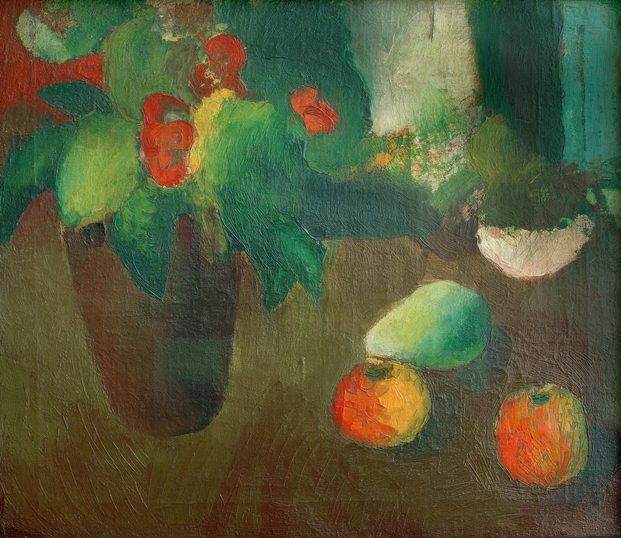 Martwa natura z begonią, jabłkami i gruszką autorstwa August Macke