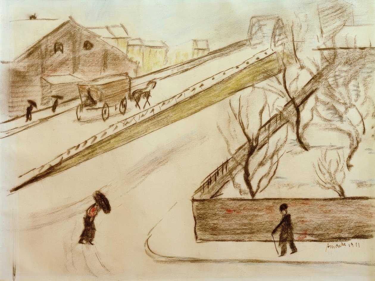 Róg ulicy w śniegu autorstwa August Macke
