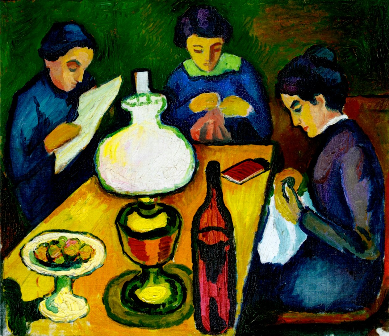 Trzy kobiety przy stole przy lampie, 1912 autorstwa August Macke