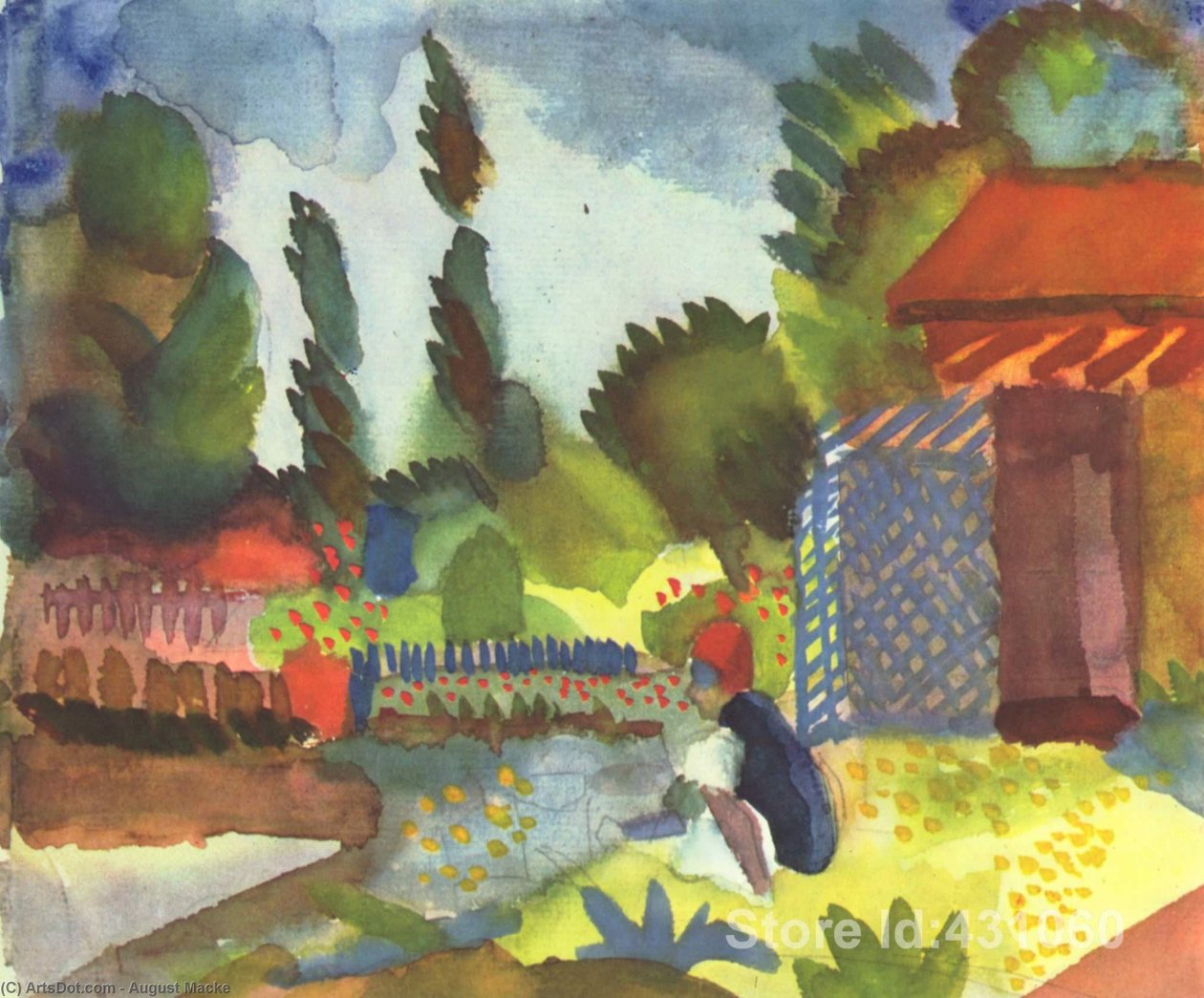 Krajobraz Tunisu z siedzącymi Arabami autorstwa August Macke