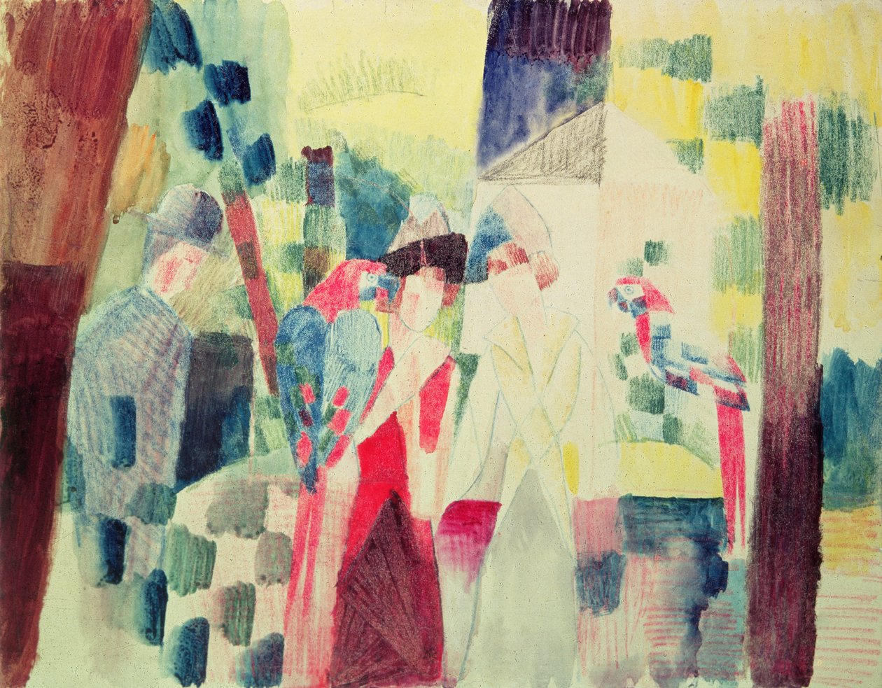 Dwie kobiety i mężczyzna z papugami, XX wiek autorstwa August Macke