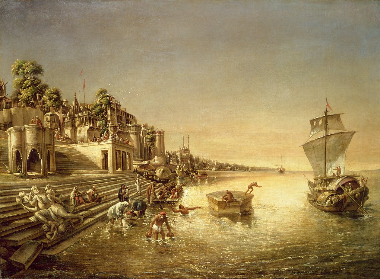 Widok Benares z ludźmi kąpiącymi się i modlącymi się w Gangesie autorstwa August Theodor Schoefft