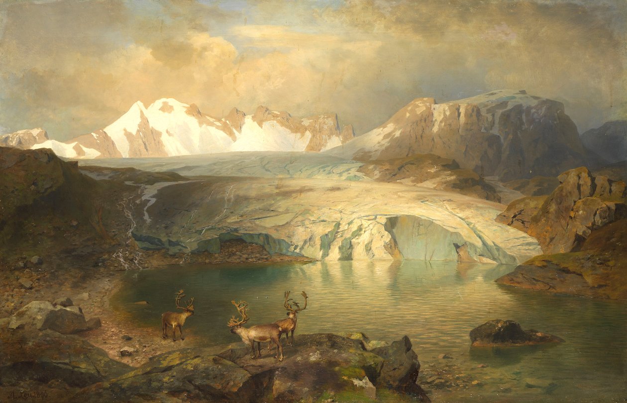 Krajobraz fiordowy z lodowcem i reniferami autorstwa August Wilhelm Leu