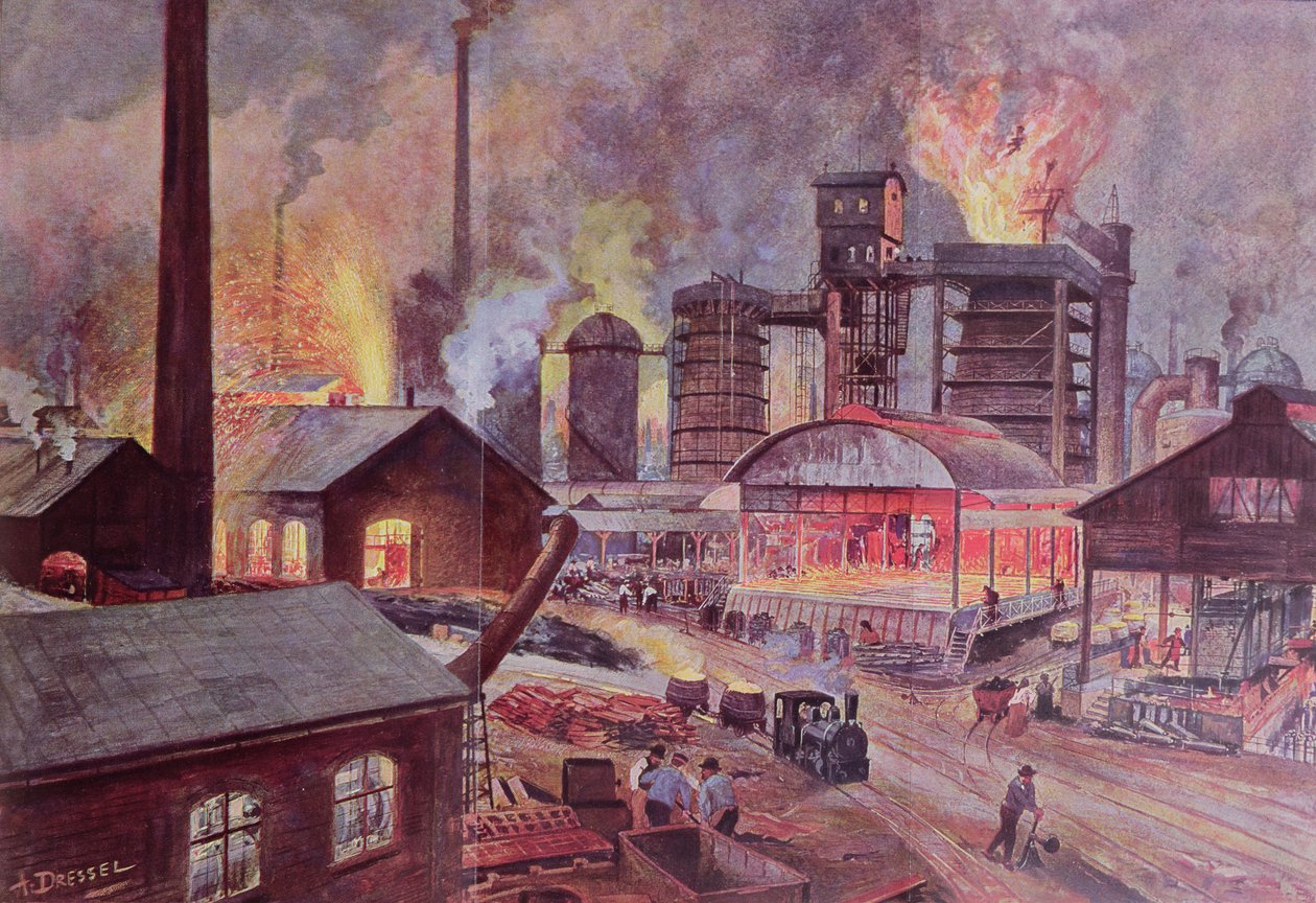 Fabryka z wielkim piecem, z serii książek H. Kraemera o LUnivers et lHumanite, wydanej w Paryżu pod koniec XIX wieku (kolororyt) autorstwa August Dressel