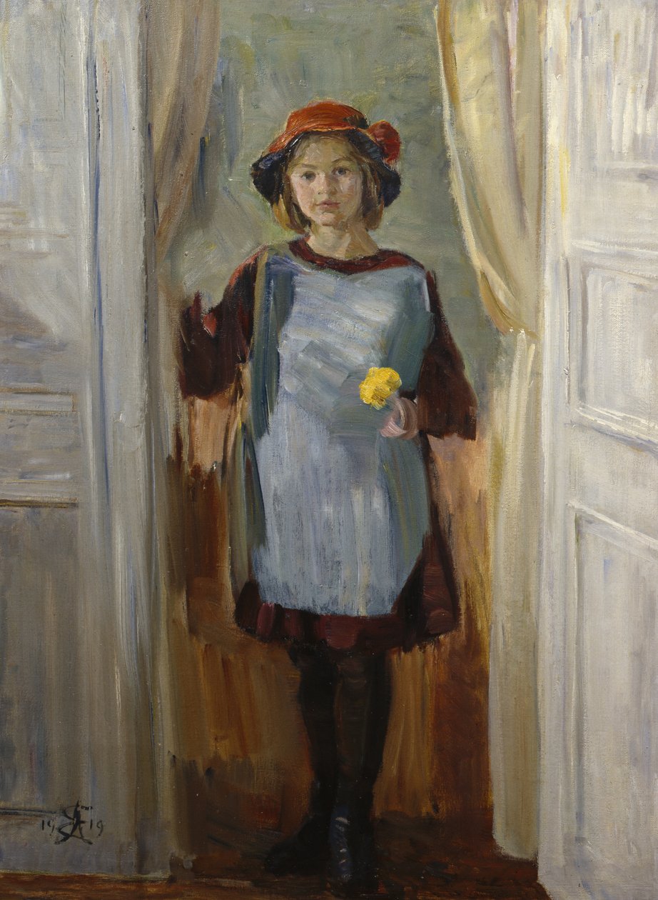 Dziewczyna w drzwiach (Maria Eiebakke) 1918 (olej na płótnie) autorstwa August Eiebakke