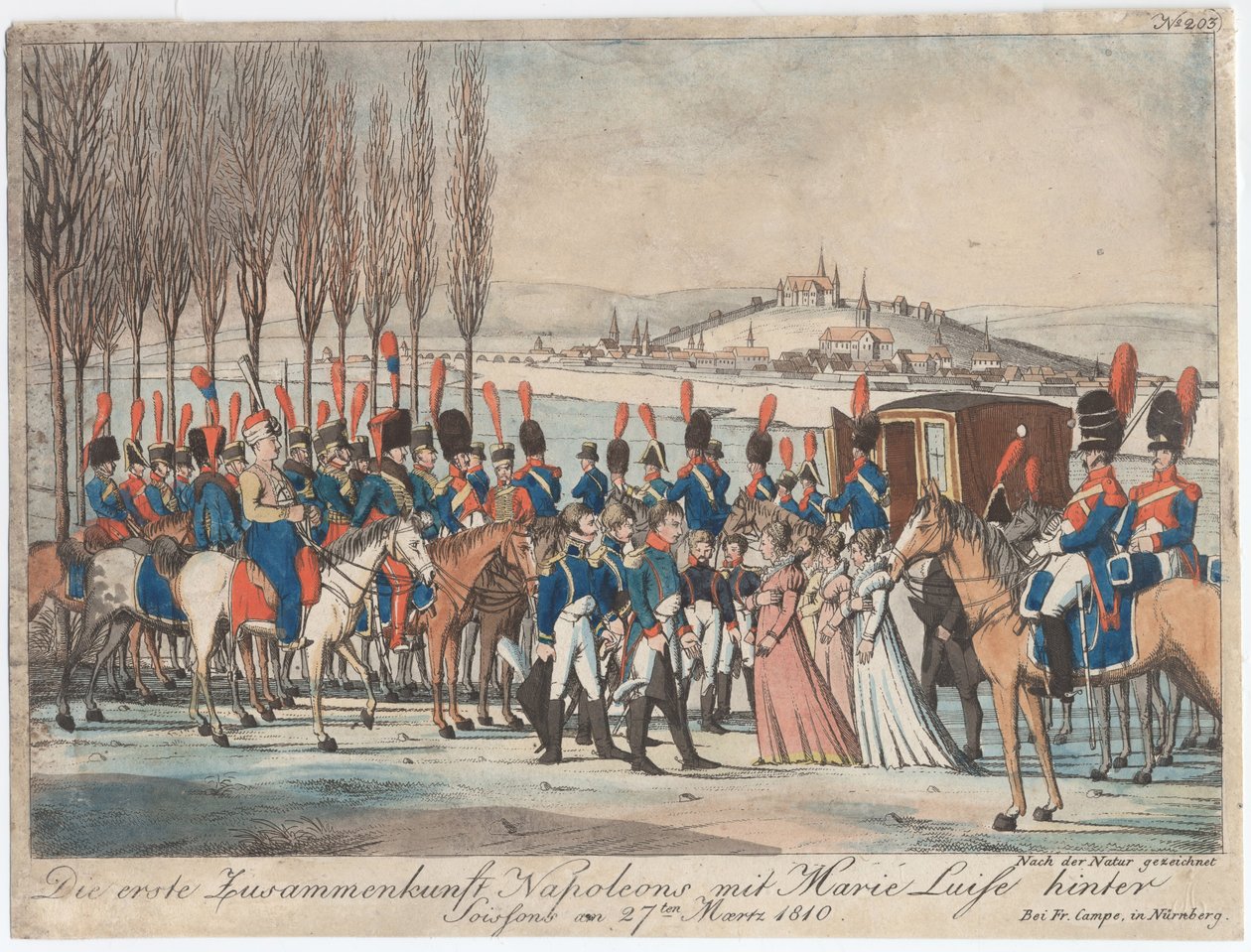 Napoleon przedstawia cesarzowej Marie-Luise swojej rodzinie przed pawilonem niedaleko Soissons autorstwa August Friedrich Andreas Campe