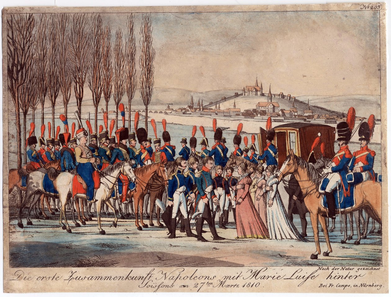 Napoleon przedstawia cesarzowej Marie-Luise swojej rodzinie przed pawilonem niedaleko Soissons - Campe, August Friedrich Andreas (1777-1846) - Akwaforta, akwarela - 17,3x23 - Kolekcja prywatna autorstwa August Friedrich Andreas Campe
