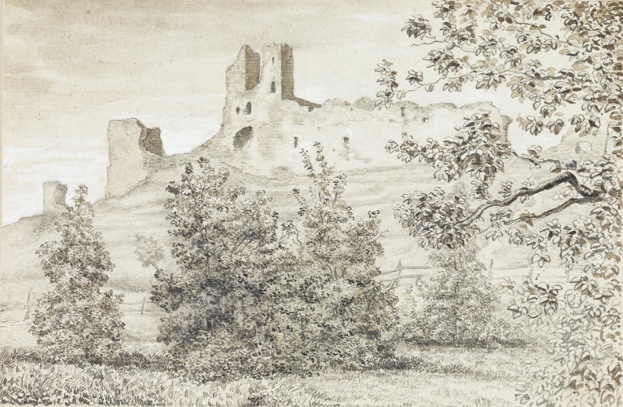 Widok ruin zamku Rakvere, 1828 (sepia i ołówek na papierze) autorstwa August Georg Wilhelm Pezold
