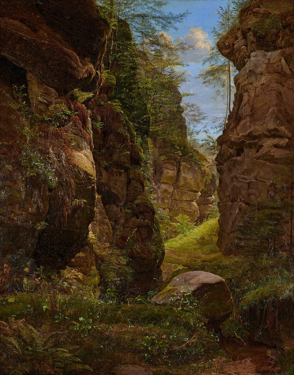 Skalny wąwóz w Uttewalder Grund w Szwajcarii Saksońskiej autorstwa August Heinrich