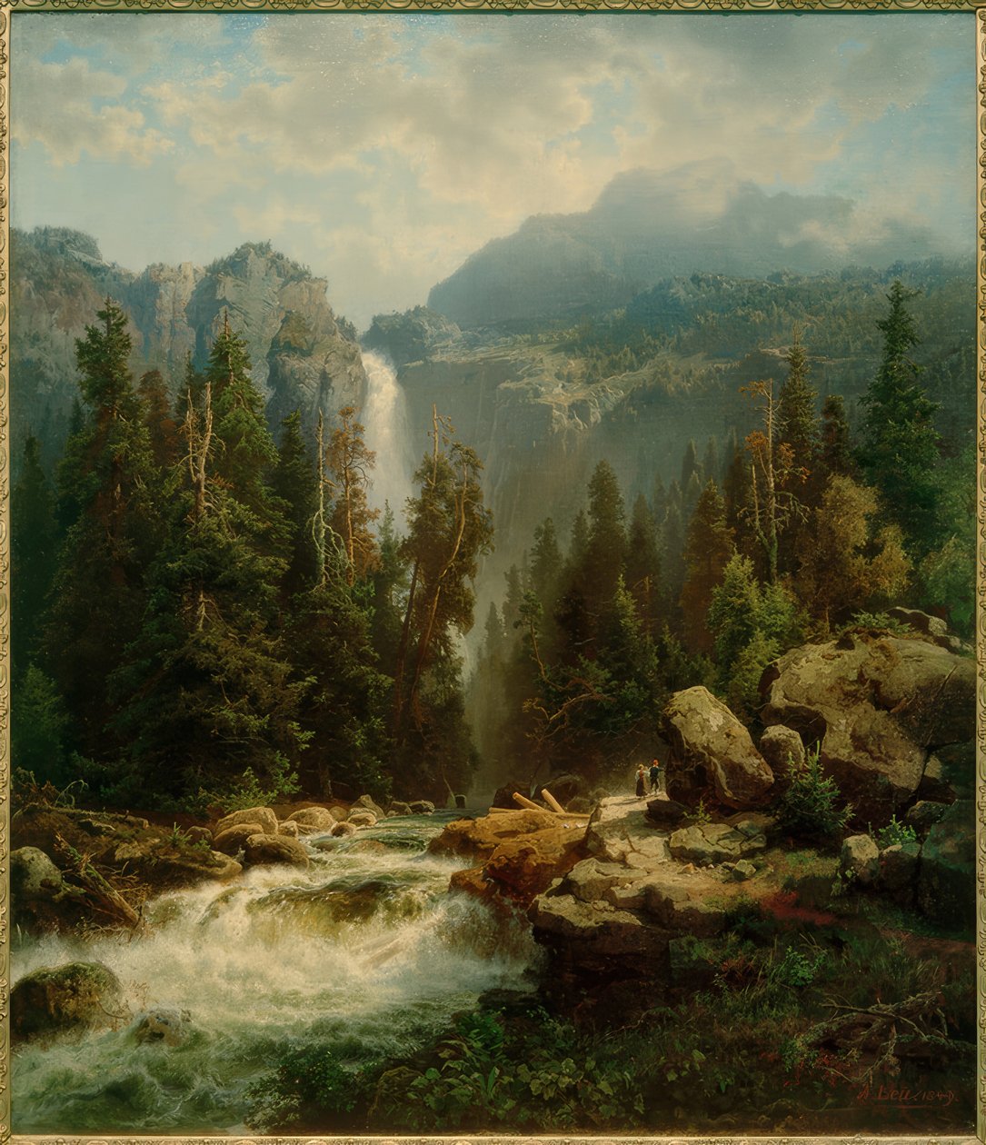 A.Leu re. Ę., norweski krajobraz z wodospadem autorstwa August Wilhelm Leu