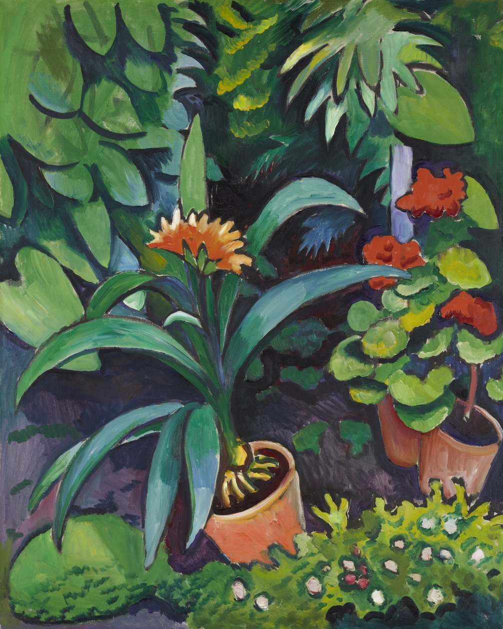 Kwiaty w ogrodzie, kliwia i pelargonia autorstwa August Macke