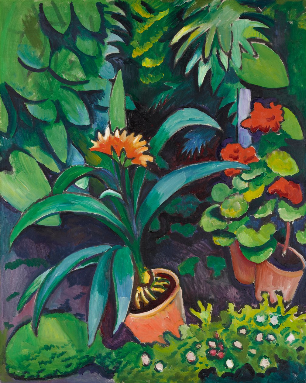 Kwiaty w ogrodzie, kliwie i pelargonie autorstwa August Macke