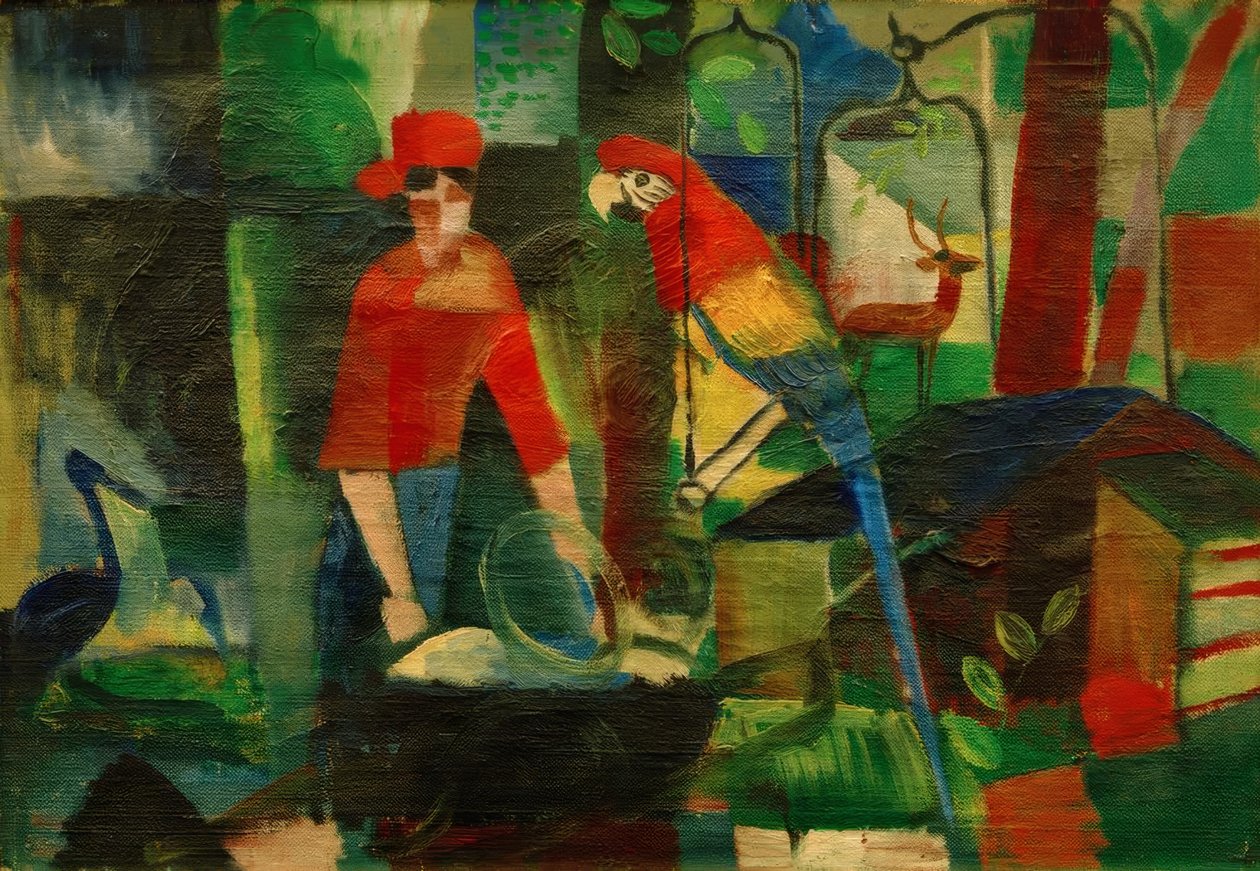 Kobieta z papugą w krajobrazie autorstwa August Macke