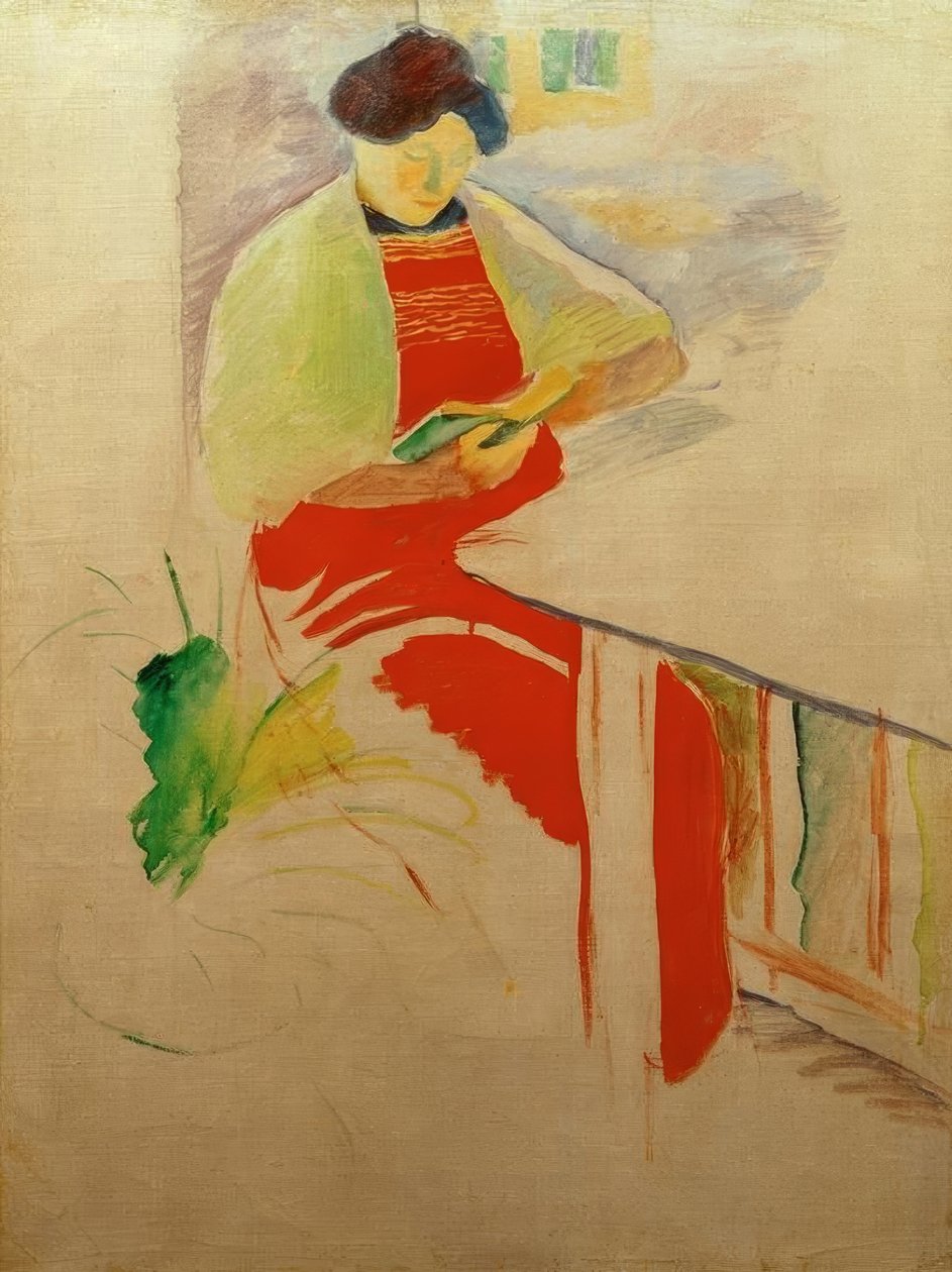 Kobieta w czerwonym fartuchu na balkonie (Elisabeth) autorstwa August Macke