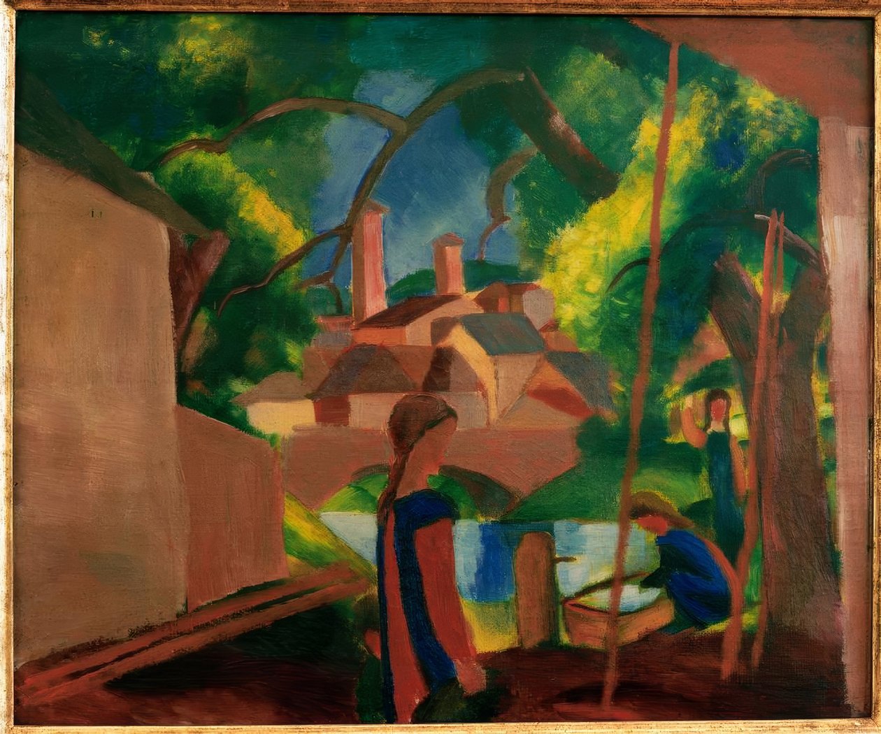Dzieci przy fontannie z miastem w tle autorstwa August Macke