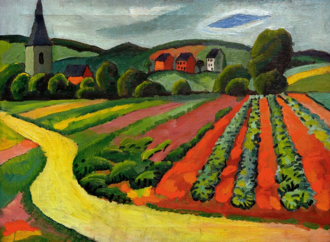 Krajobraz z kościołem i ścieżką autorstwa August Macke