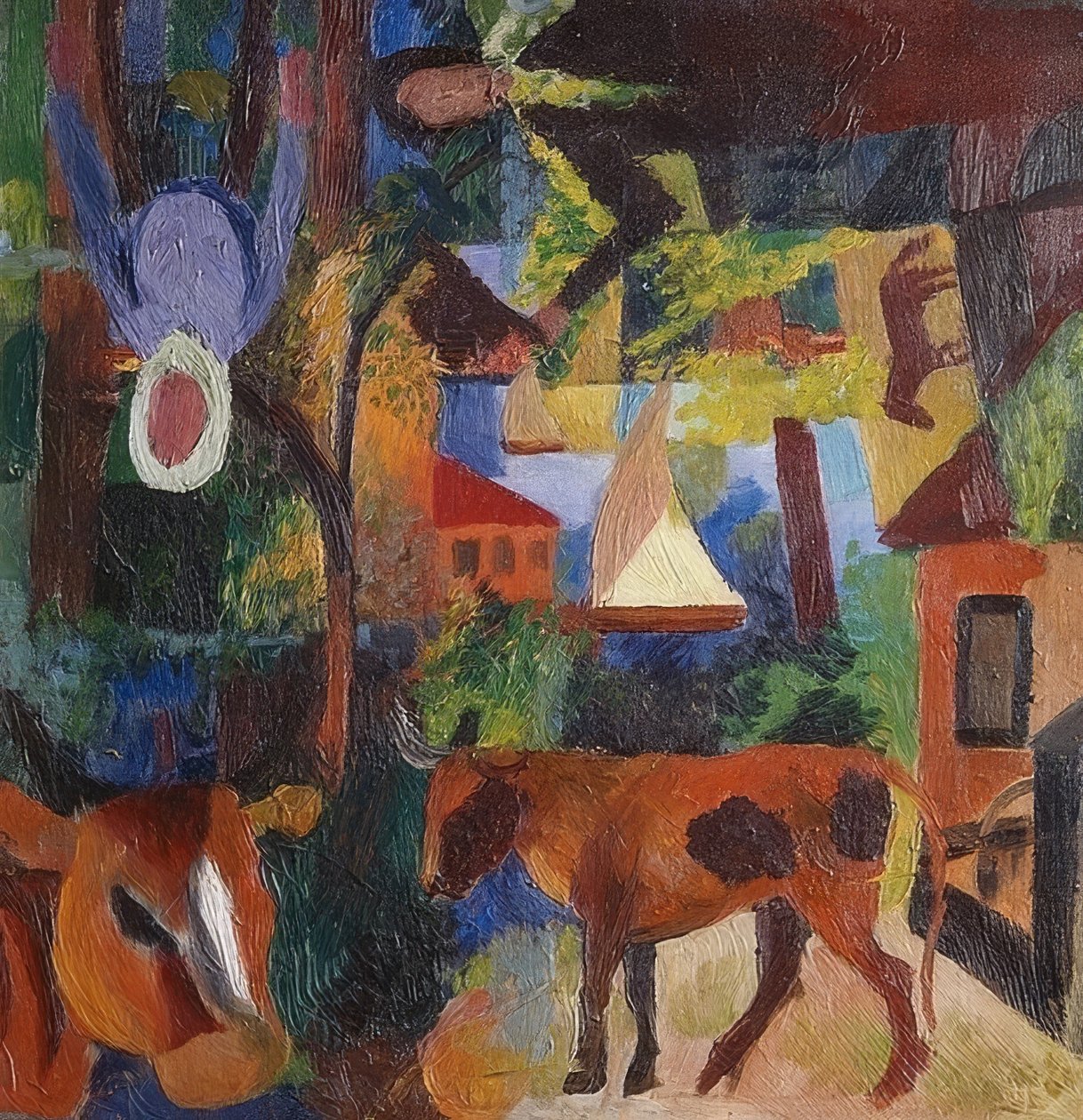 Krajobraz z krowami, żaglówką i postaciami. 1914 autorstwa August Macke