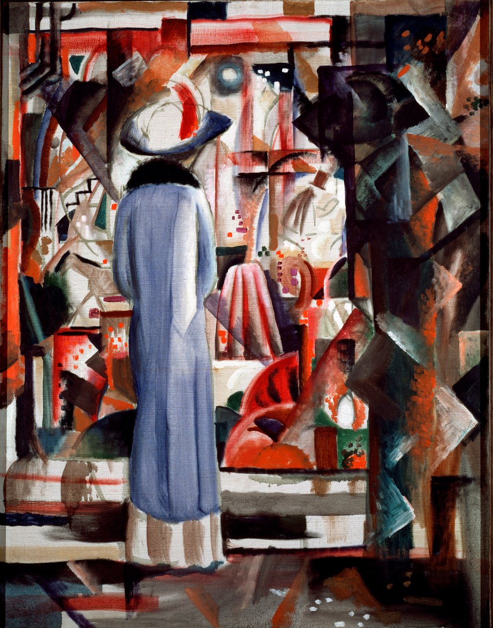 Duża podświetlana gablota Kobieta ubrana w długi płaszcz i kapelusz patrzy na gablotę. Obraz Augusta Macke (1887-1914) 1912 wym. 105x85 cm Hanower, Muzeum Sprengla autorstwa August Macke