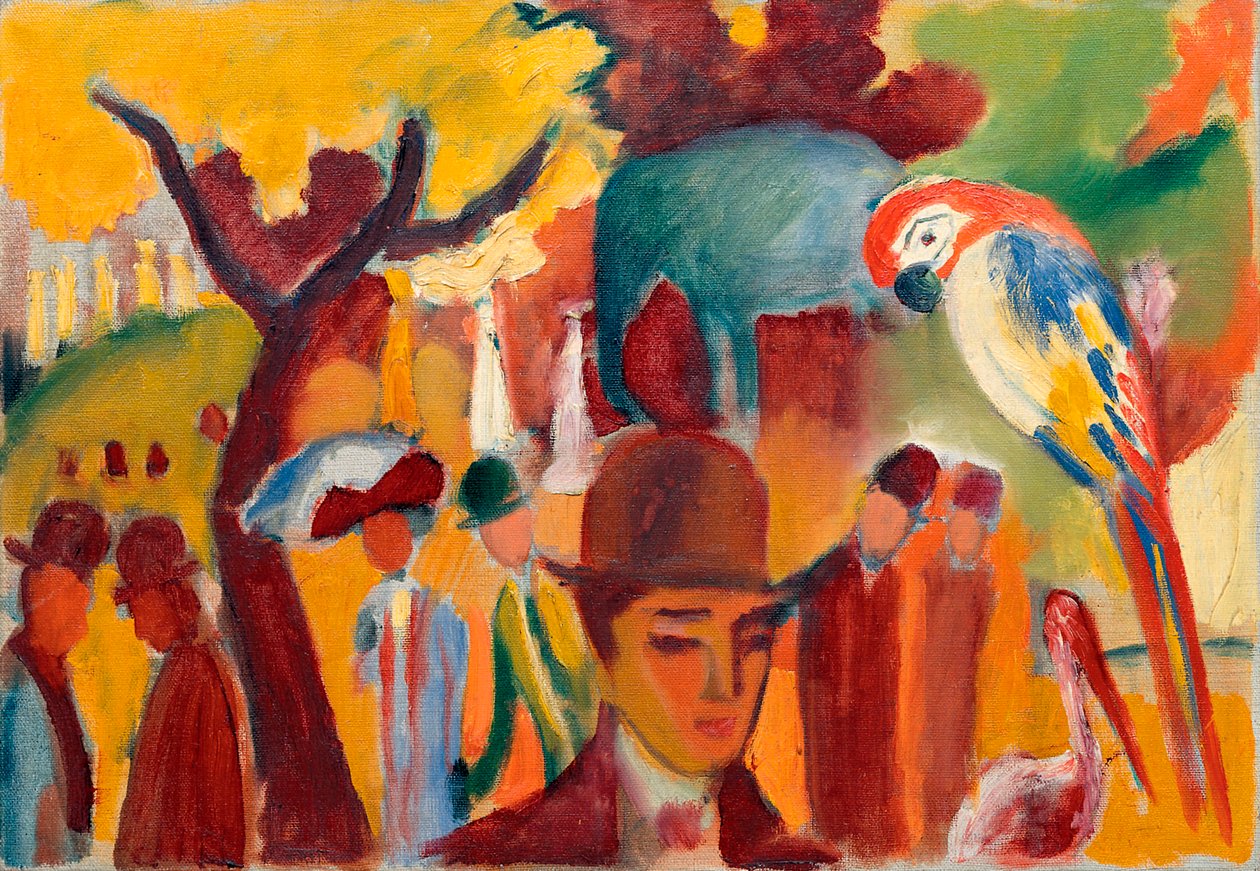 Mały ogród zoologiczny w kolorze brązowym i żółtym. Obraz August Macke (1887-1914), olej na płótnie autorstwa August Macke