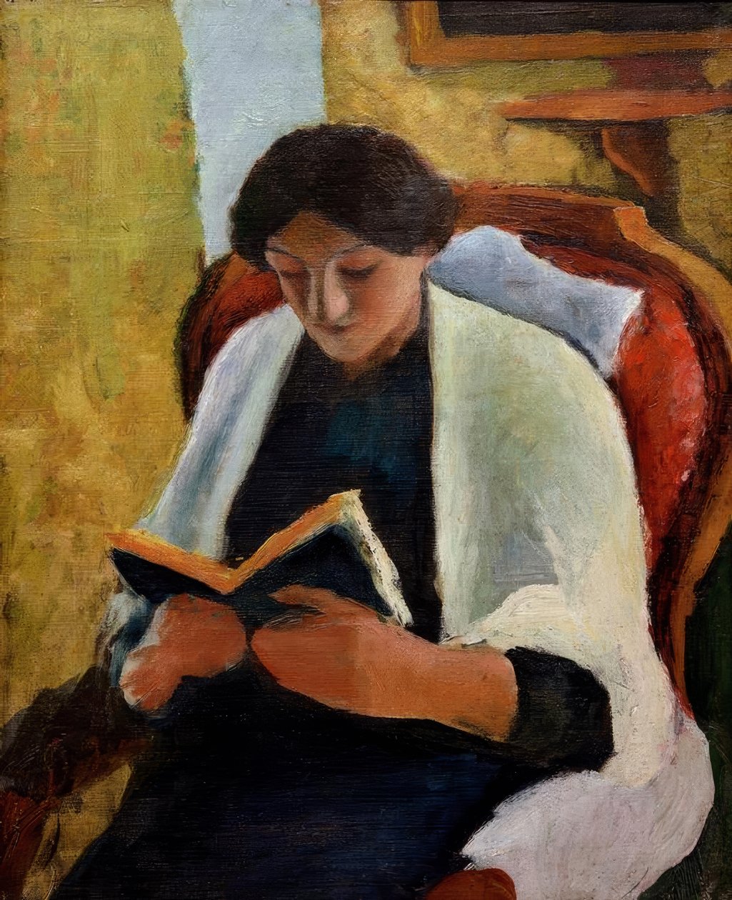 Czytająca kobieta w czerwonym fotelu autorstwa August Macke