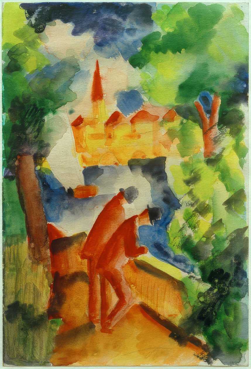 Mężczyźni na tarasie nad jeziorem autorstwa August Macke