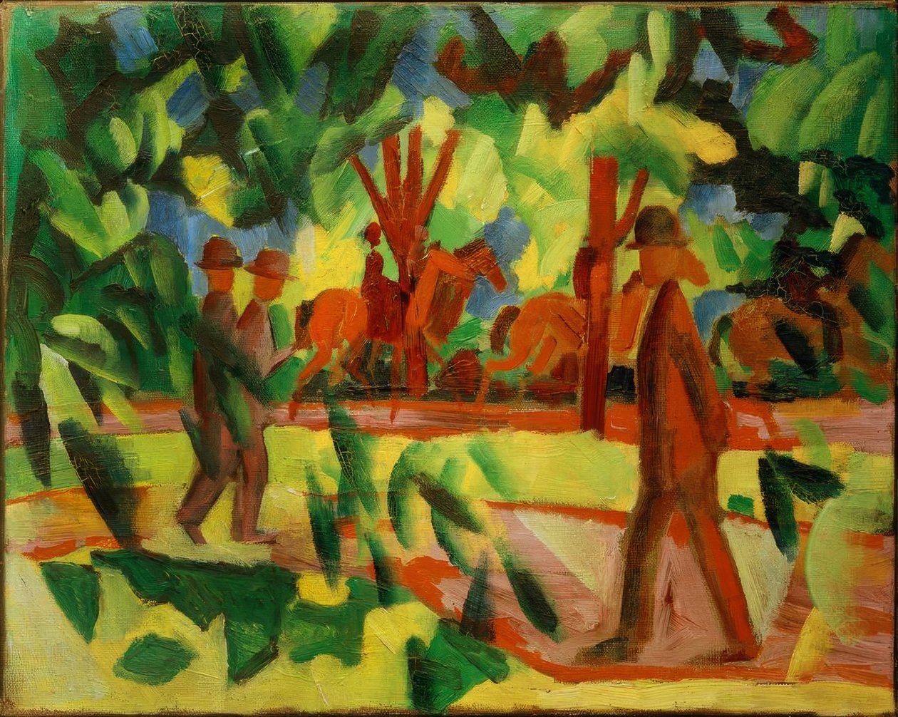 Jeźdźcy i spacerowicze w alei autorstwa August Macke
