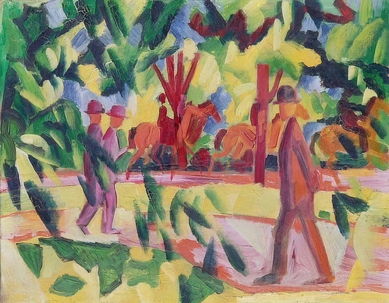 Jeźdźcy i spacerowicze w alei. 1914 autorstwa August Macke