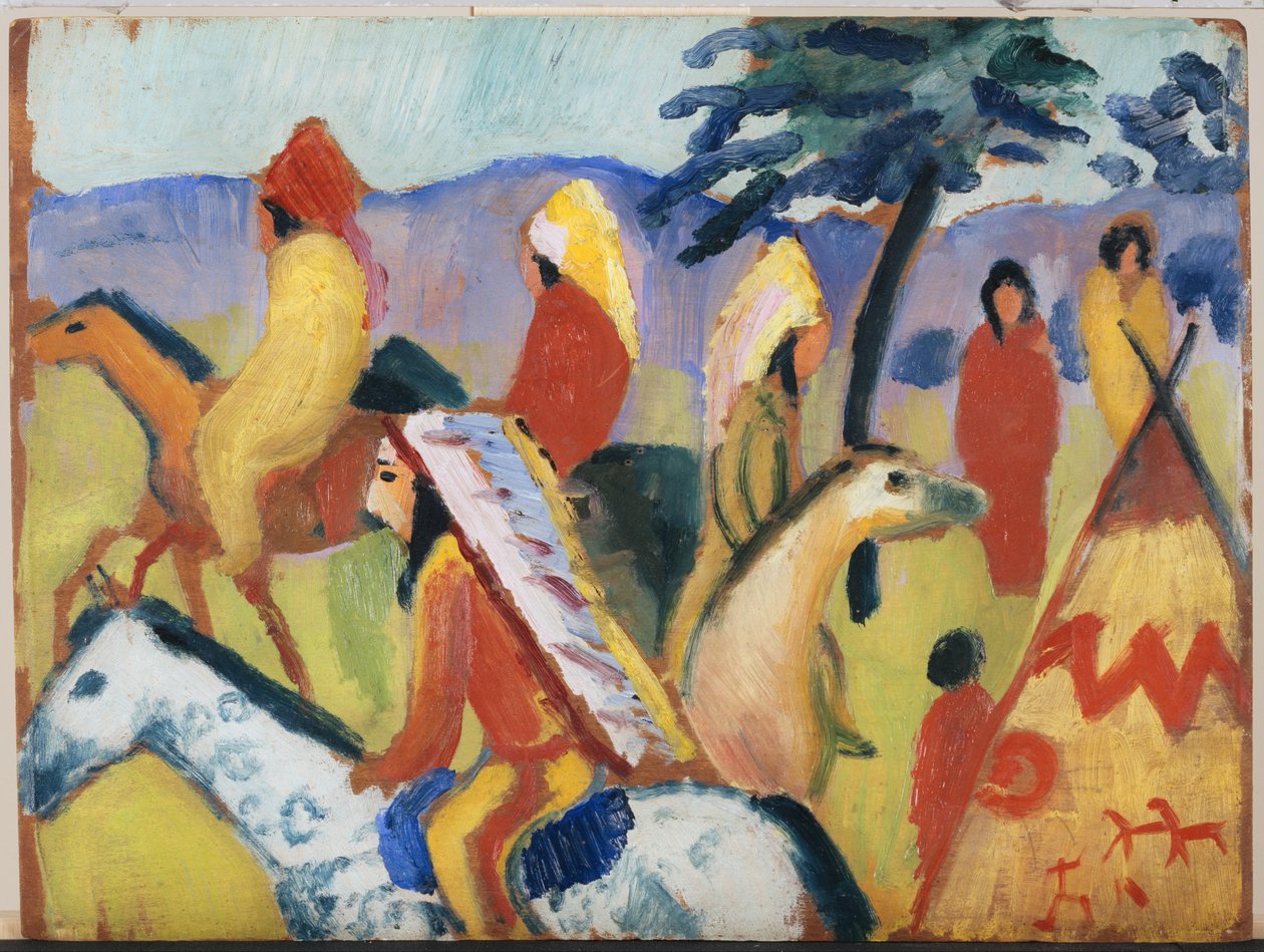 Jeżdżący Indianie przy namiocie autorstwa August Macke