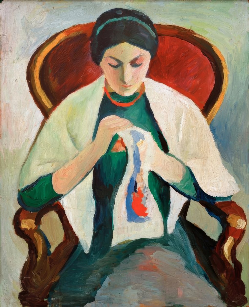 Kobieta haftująca na fotelu: portret żony artysty autorstwa August Macke