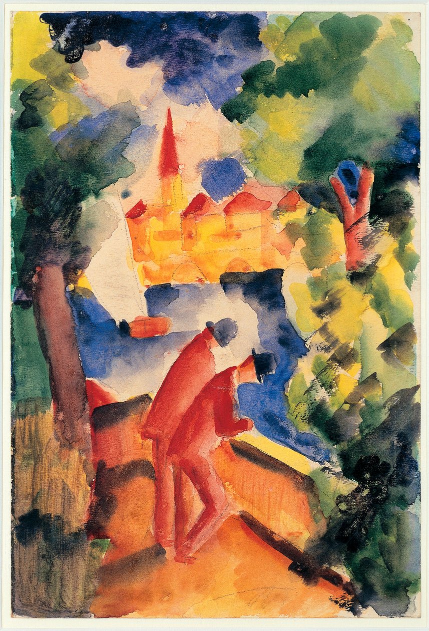 Dwóch mężczyzn ramię na poręczy z widokiem na jezioro 1914 (akwarela) autorstwa August Macke