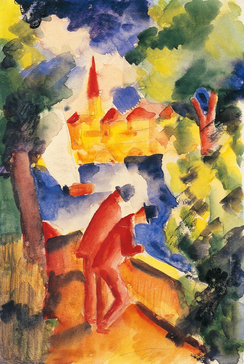 Dwóch mężczyzn ramię na poręczy z widokiem na jezioro 1914 (akwarela) autorstwa August Macke
