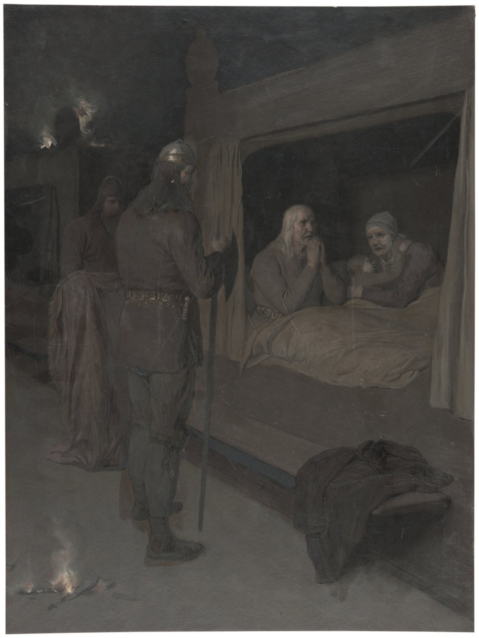 Njal, Bergthora i Thord Karisson decydują się dać spalić żywcem. Ilustracja do Sagi o Njalu, rozdz. 129 autorstwa August Malmström