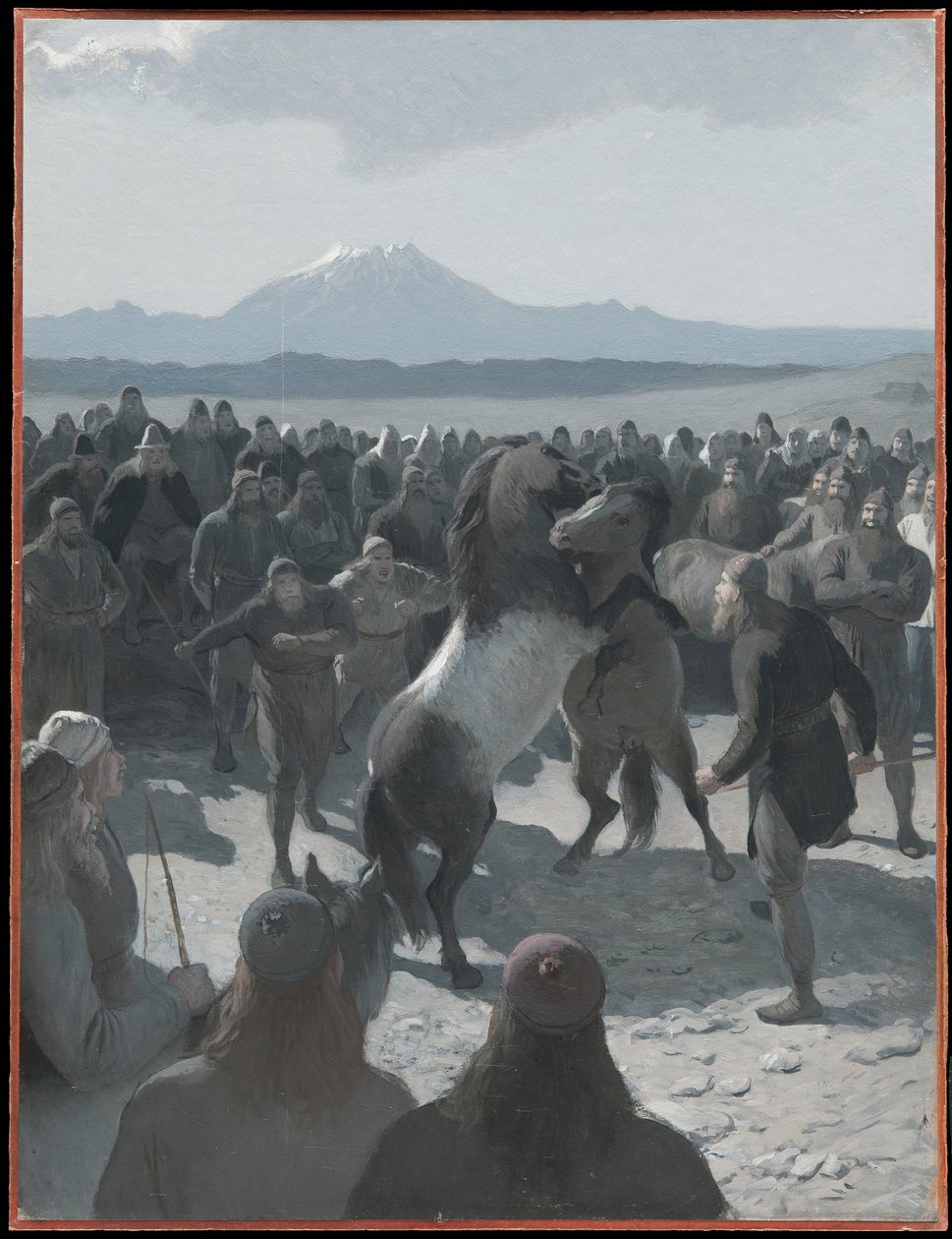 Walka koni w Hlíðarendi. Ilustracja do Sagi o Njalu, rozdz. 59 autorstwa August Malmström