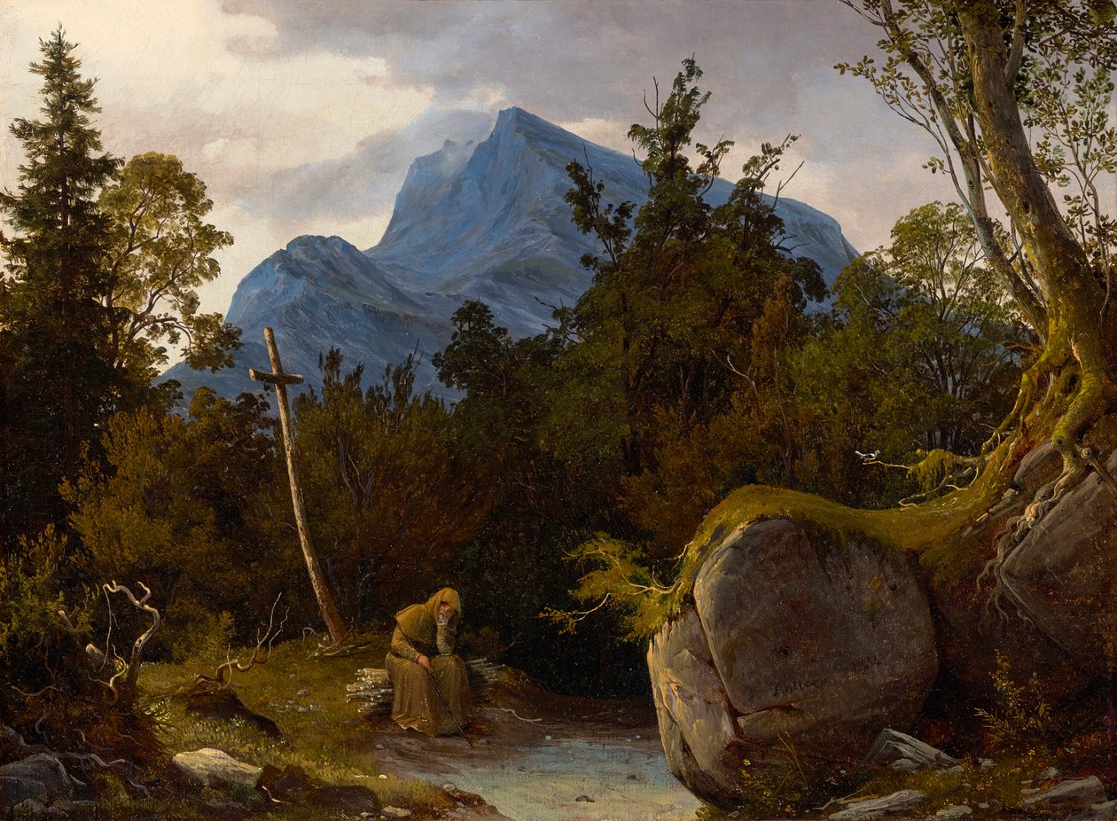 mnich w górach autorstwa August Wilhelm Ahlborn