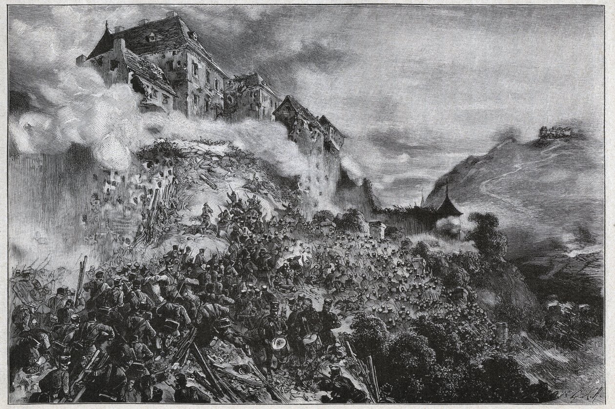Rewolucja węgierska 1848-1849: węgierscy buntownicy szturmują zamek Buda (Piec) 21 maja 1849 - wg litografii Augusta von Pettenkofera autorstwa August Xaver Karl von Pettenkofen