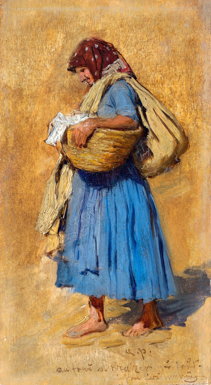 Rolnicza żona dmuchająca w nos - Obraz Augusta Rittera von Pettenkofena (1821-1889), olej na drewnie (15,4x8,4 cm), ok. 1871-1874 - Leopold Museum, Wiedeń (Austria) autorstwa August Xaver Karl von Pettenkofen