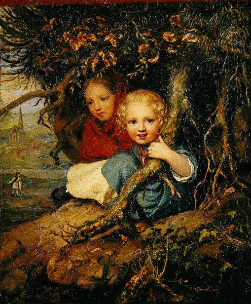 Dwoje dzieci pod korzeniami drzew, ok. 1840 (olej na płycie cynkowej) autorstwa August von der Embde