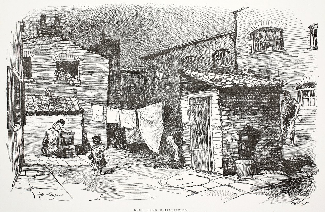 Cour dans Spitalfields, ilustracja z "La Rue a Londres", wyd. G. Charpentier et Cie, 1884 autorstwa Auguste Andre Lancon