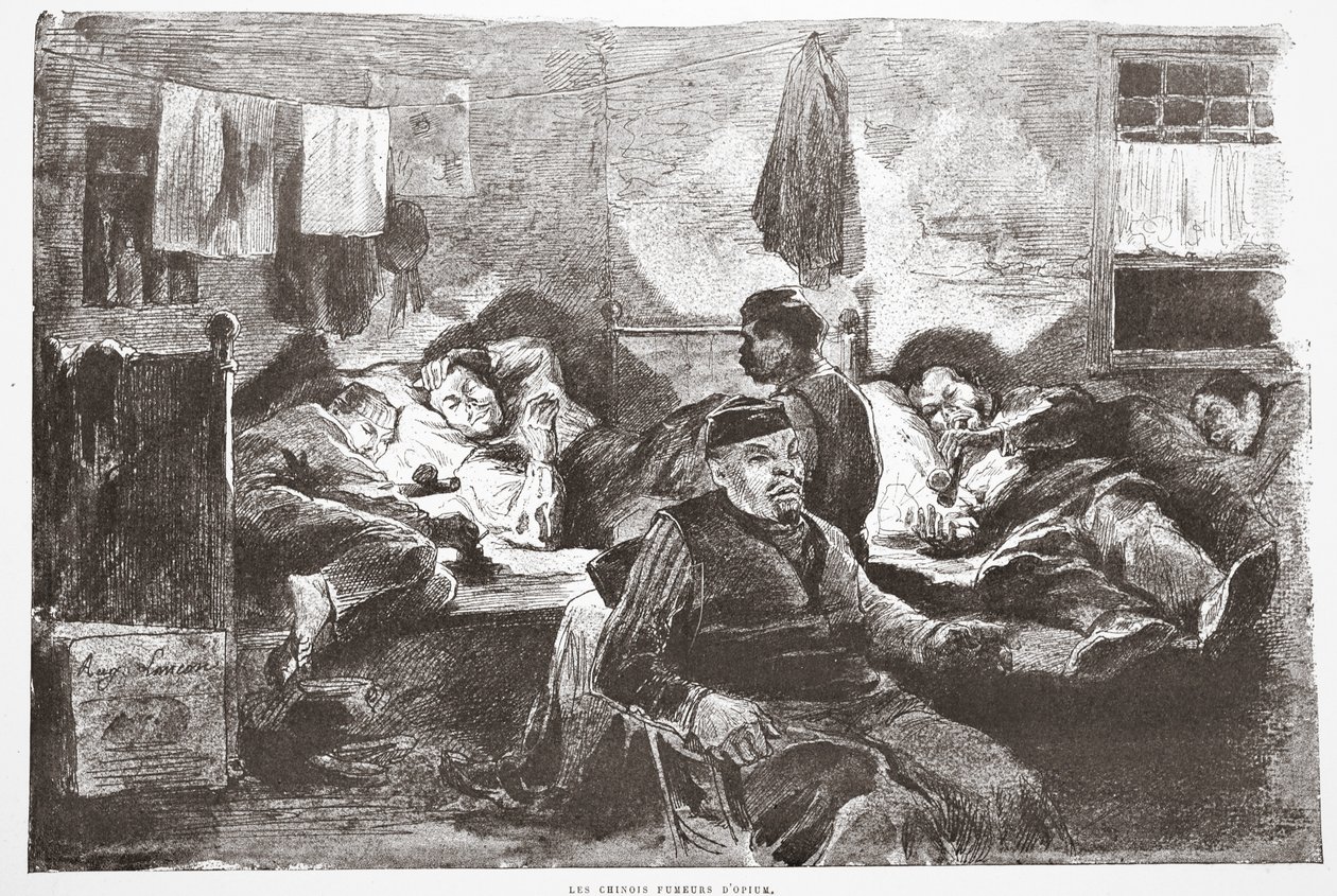 Chińczyk palący opium, ilustracja z "La Rue a Londres", wyd. G. Charpentier et Cie, 1884 r. autorstwa Auguste Andre Lancon