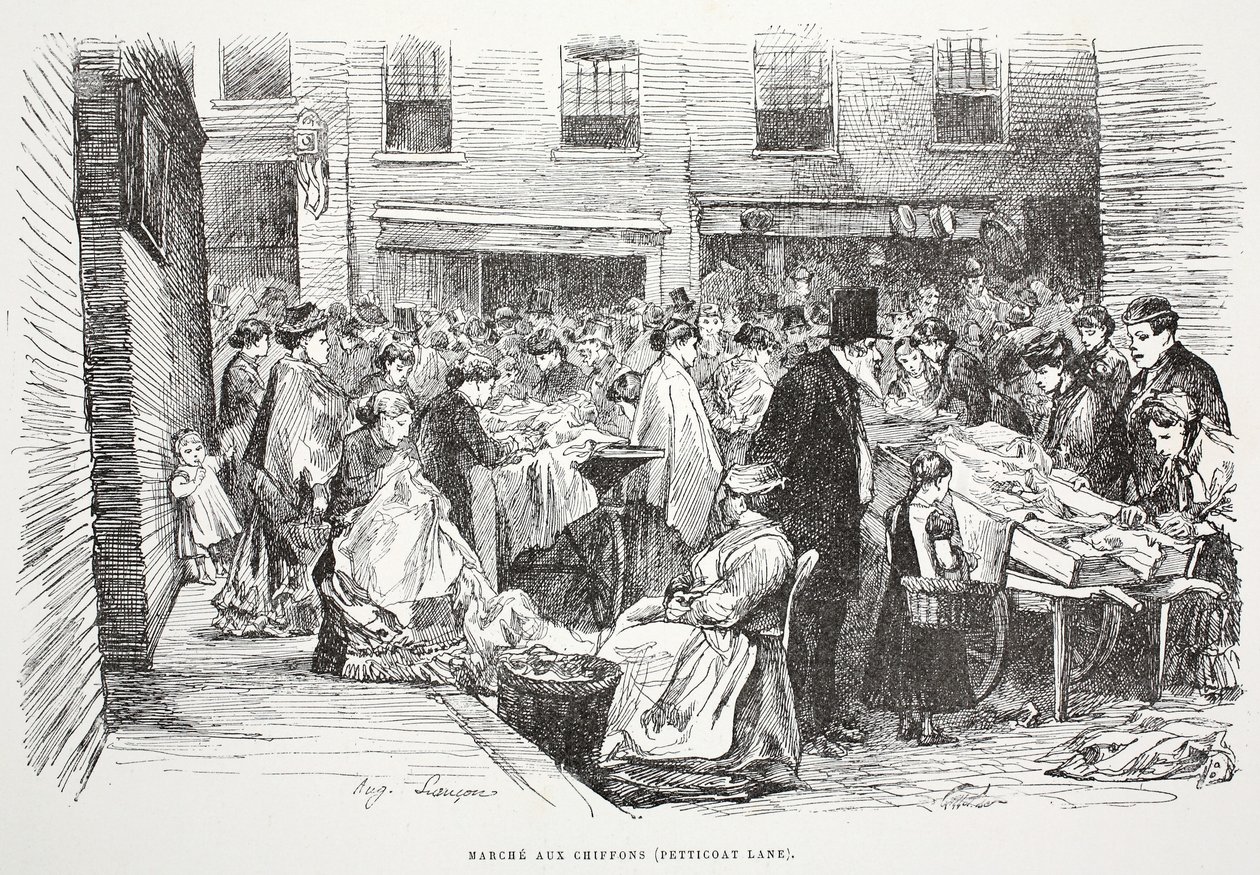 Marche aux Chiffons (Petticoat Lane), ilustracja z "La Rue a Londres", wyd. G. Charpentier et Cie, 1884 r. autorstwa Auguste Andre Lancon