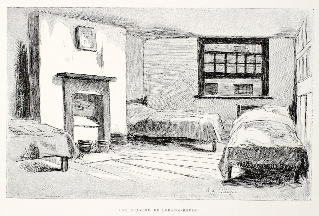Pensjonat Une Chambre de, ilustracja z „La Rue a Londres”, wyd. G. Charpentier et Cie, 1884 autorstwa Auguste Andre Lancon
