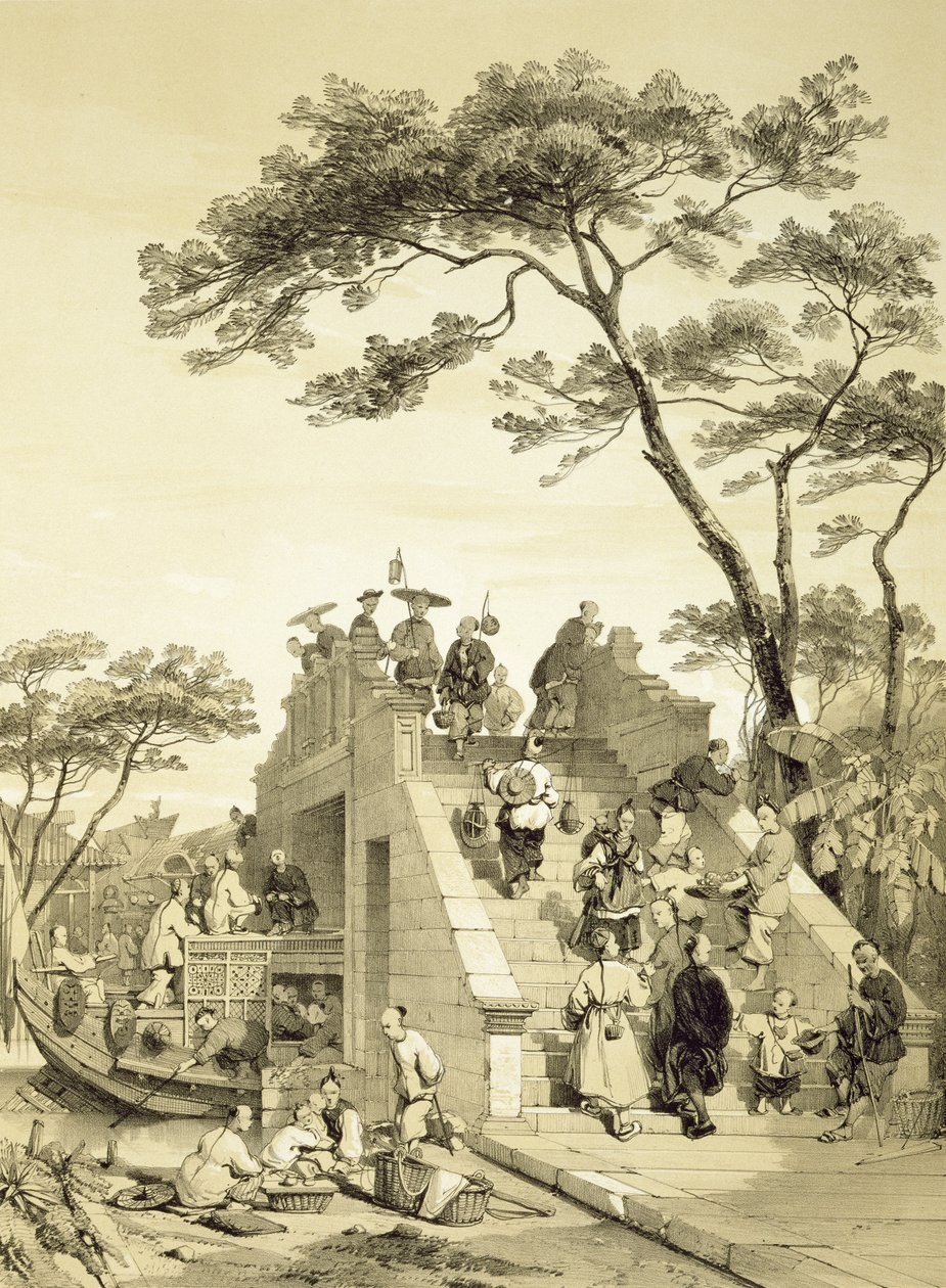 Most w pobliżu Kantonu, tablica 30 ze „Szkiców Chin”, rytowany przez Eugene Ciceri (1813-90) 1842 (podbarwiony lit) autorstwa Auguste Borget