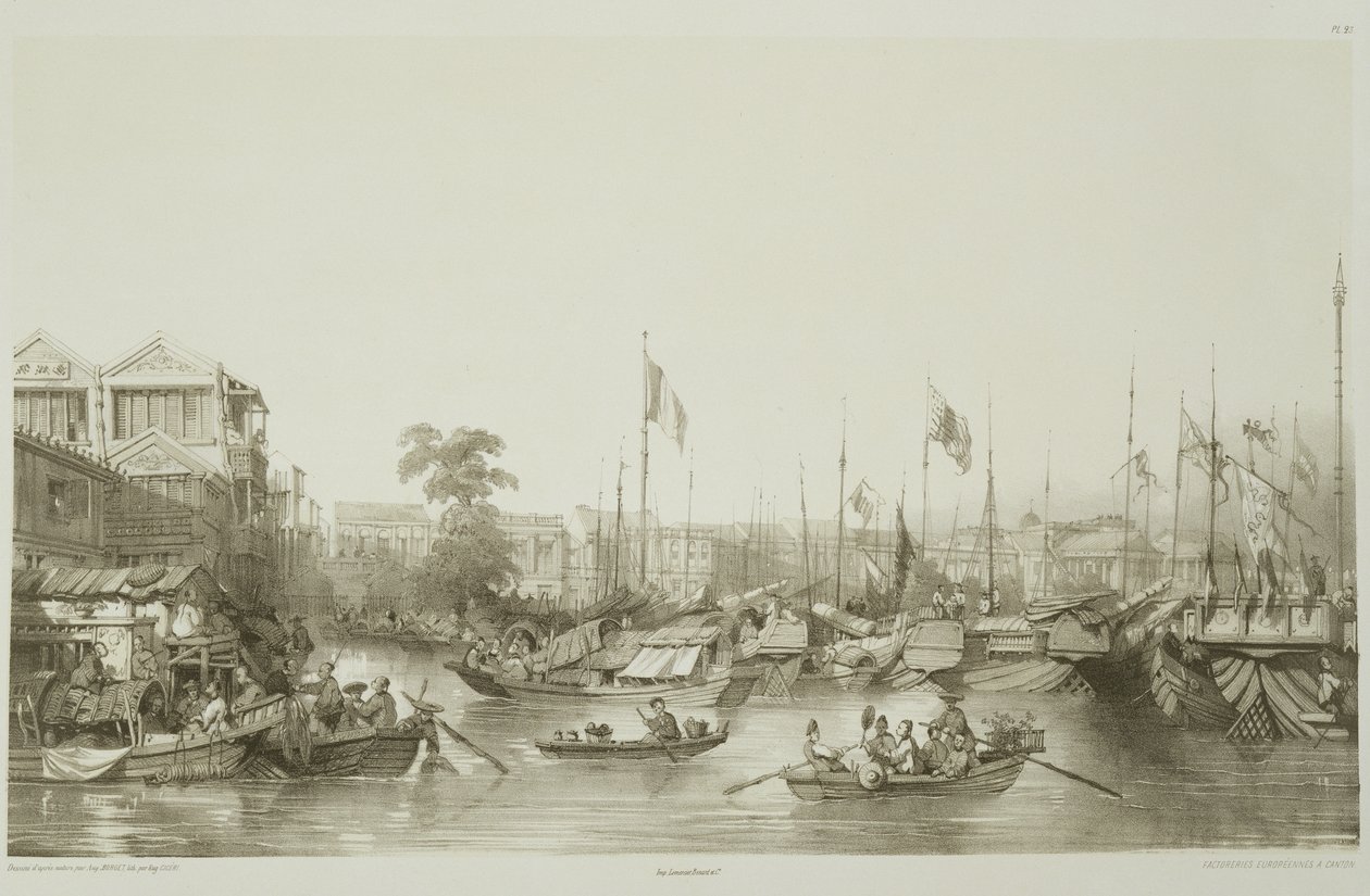 Europejskie fabryki w kantonie, tablica 23 ze „Sketches of China”, rytowana przez Eugene Ciceri (1813-90) 1842 (podbarwiony lit) autorstwa Auguste Borget