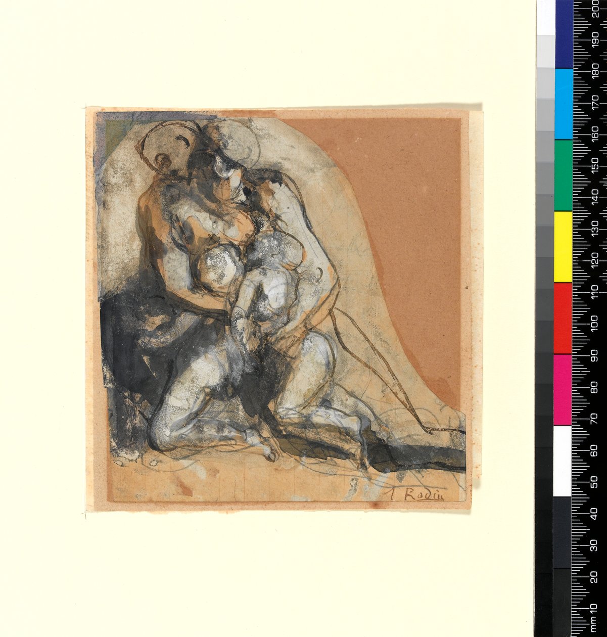 Dobroczynność (pióro i atrament oraz kolor ciała na papierze płowym) autorstwa Auguste Rodin