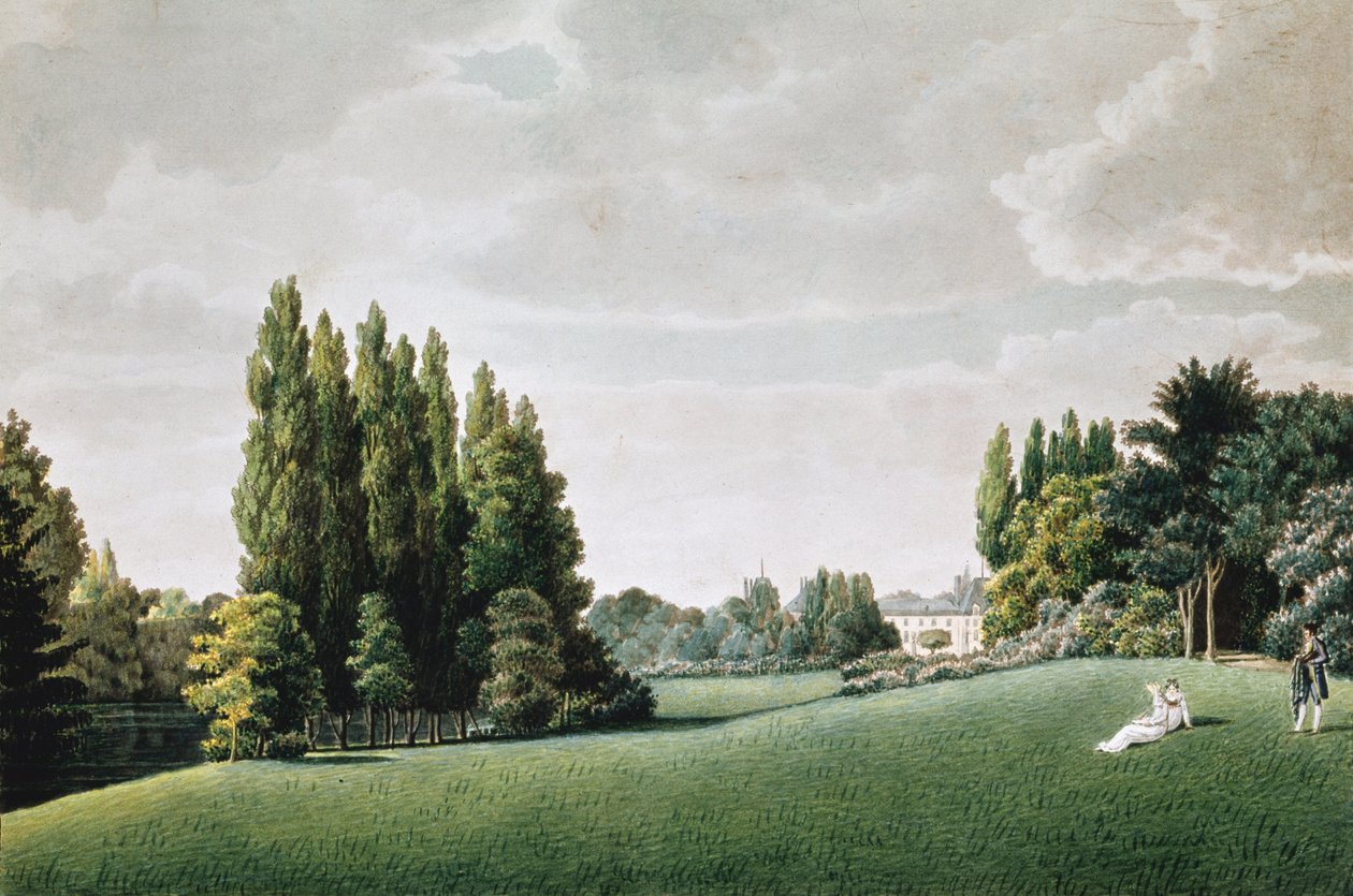 Widok na zamek w pobliżu Kamiennego Mostu, z „Widoków Malmaison”, rytowany przez Louisa Garneraya (1783-1857) (akwatinta) autorstwa Auguste Simon Garneray