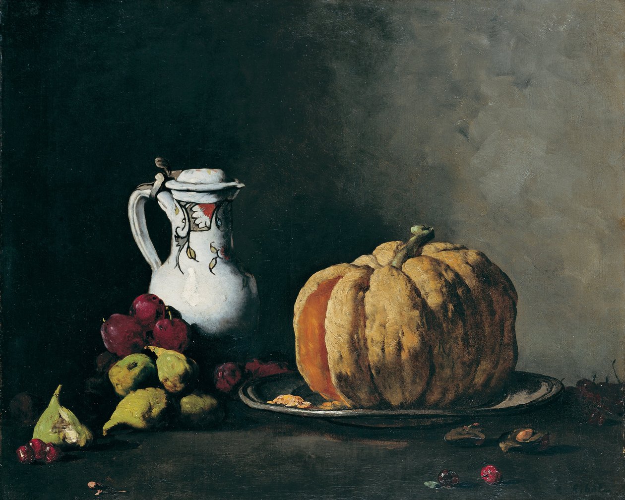 Martwa natura z dynią, śliwkami, wiśniami, figami i dzbankiem autorstwa Auguste Theodule Ribot